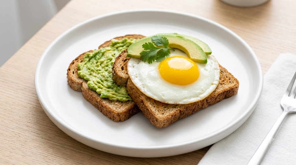 Món trứng ốp la với bánh mì nguyên cám và quả bơ - Ảnh minh hoạ