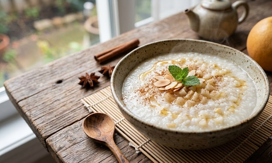 Cháo lê món ăn phù hợp để thay đổi khẩu vị trong những ngày thời tiết chuyển mùa. Ảnh: AI.